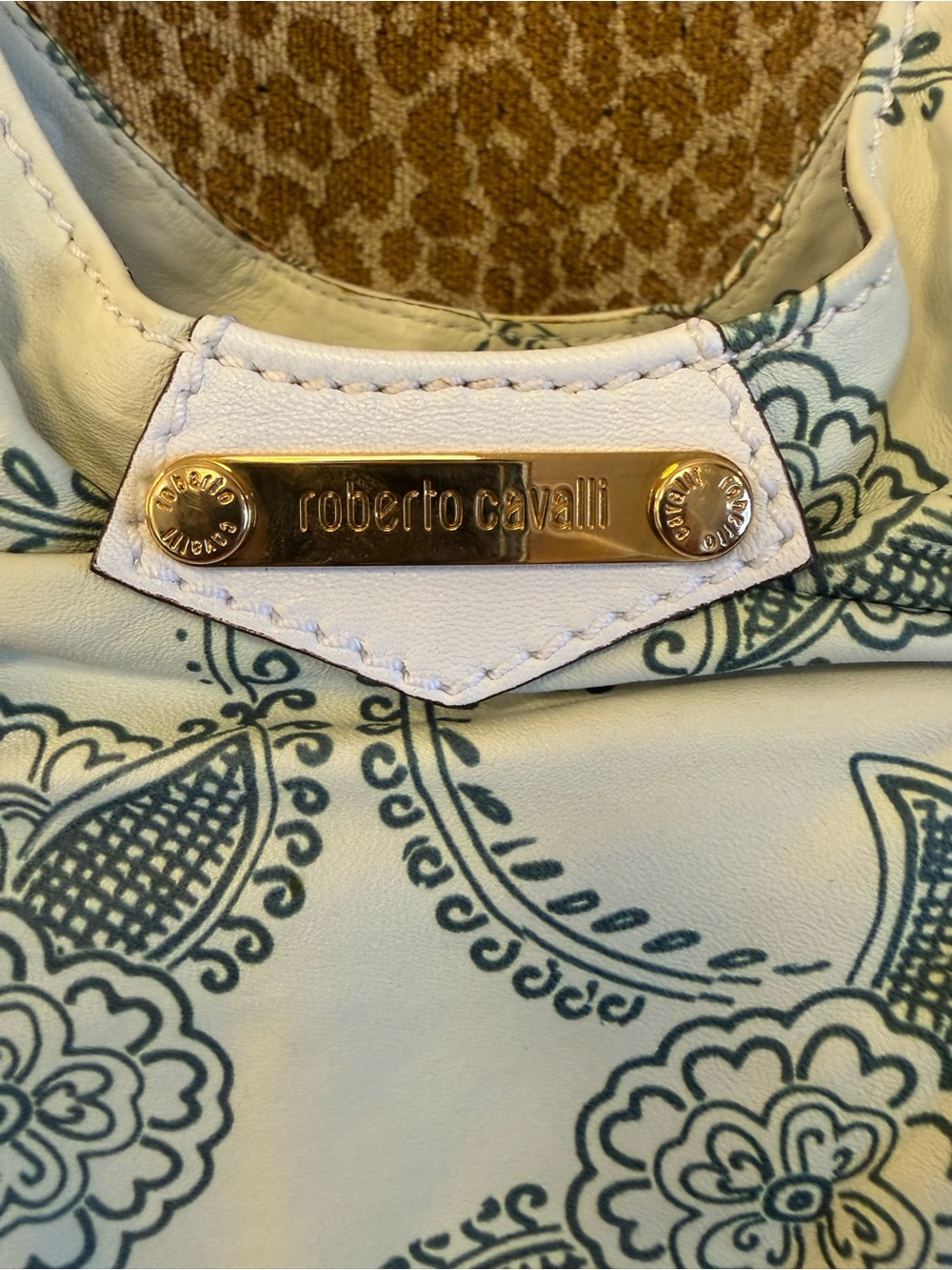 💯Auth! VINTAGE ROBERTO CAVALLI Cream/Green Floral Leather Bag w Braided Tassel - Picture 2 of 16